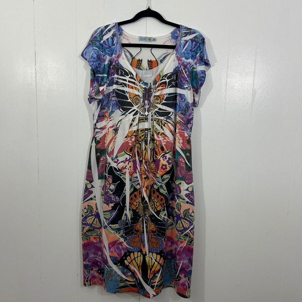 Unity World Wear Butterfly Graphic‎ Print Rhinestone V-Neck Dress XL 4270N8105